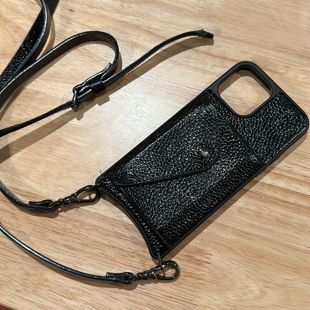 Bandolier “Donna”  12/ 12 pro case w/crossbody strap black shiny pebble leather
